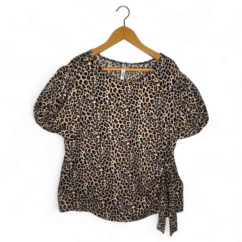 PerCeption Women's Puff Sleeve Top Blouse 2X Black Brown Chetah Animal Print